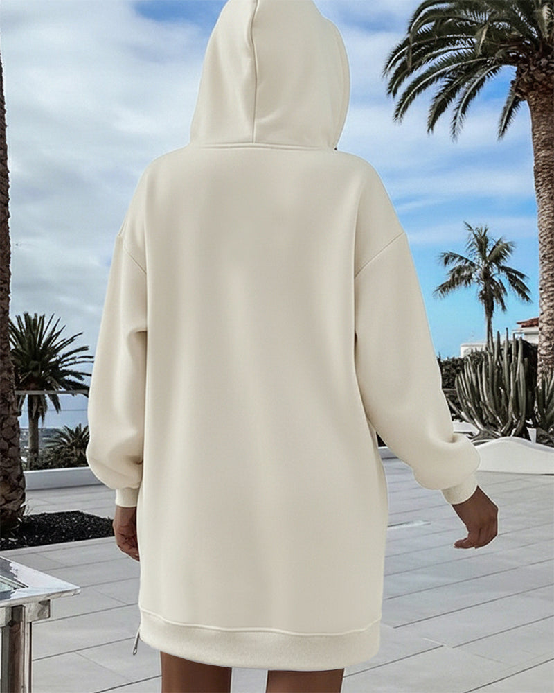 Long Sleeve Pocket Design Pullover Sweatshirt Casual Faux Two Piece Longline Drawstring Hooded Top