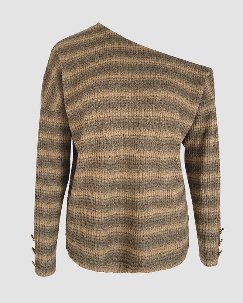Striped Pattern Skew Neck Button Decor Sweater Casual Drop Shoulder Waffle Knit Top