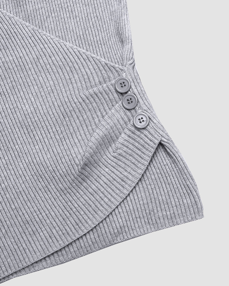 Overlap V-Neck Ruched Side Button Decor Knit Sweater Slim Fit Ribbed Pullover Top