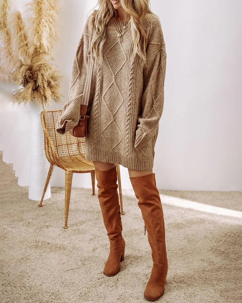 Round Neck Long Sleeve Drop Shoulder Pullover Sweater Casual Loose Fit Cable Knit Mid Length Sweater