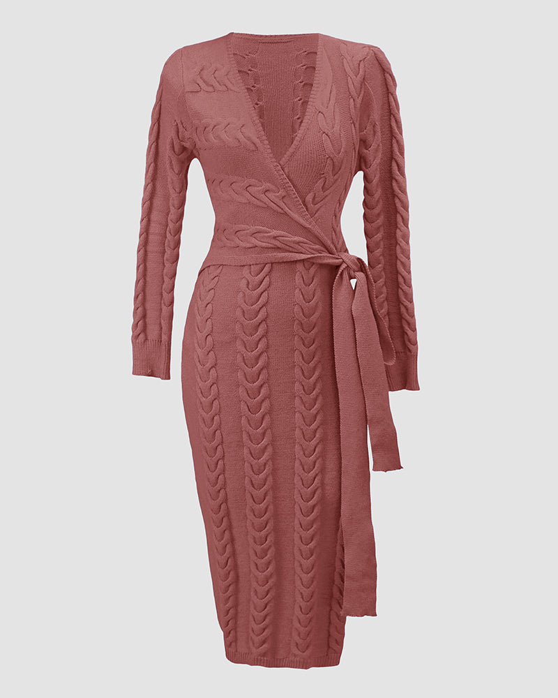 Cable Textured Overlap Deep V Neck Long Sleeve Mid Length Dress Tie Waist Slim Fit Knit Dress