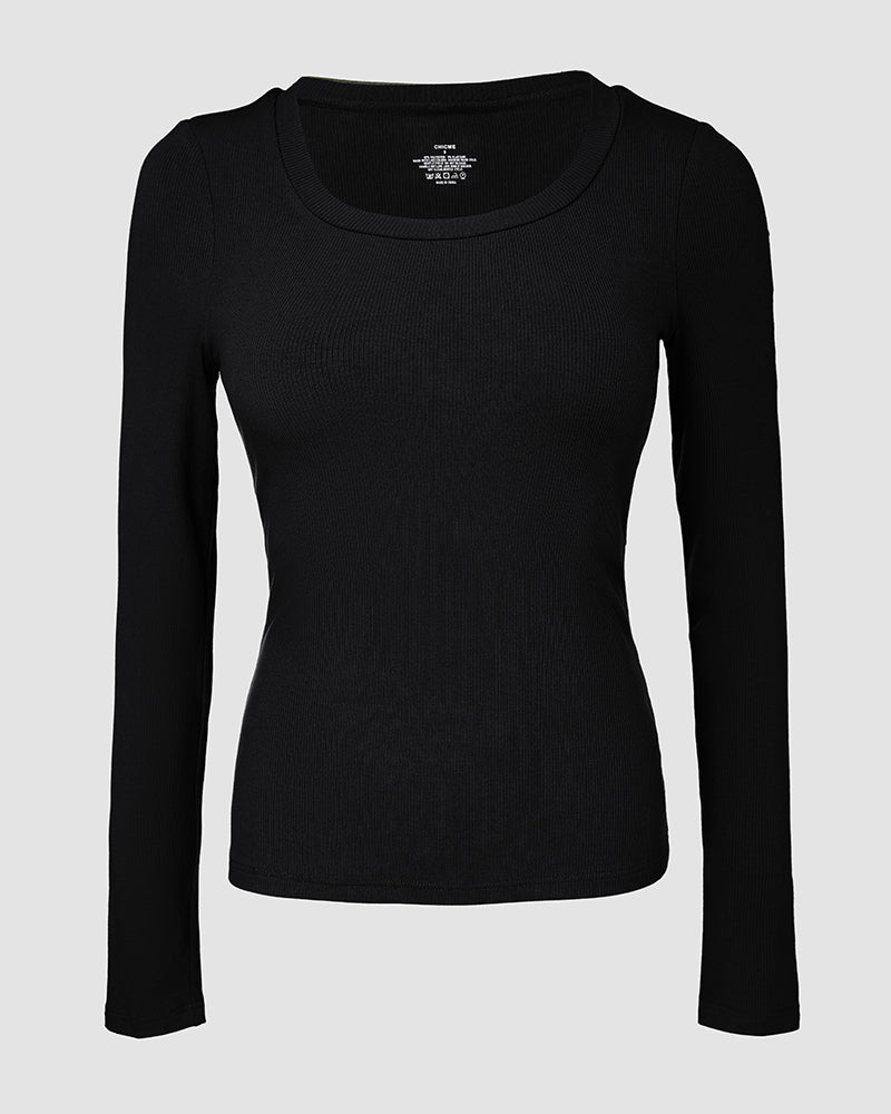 Chicme Built In Bra U Neck Long Sleeve Ribbed Top