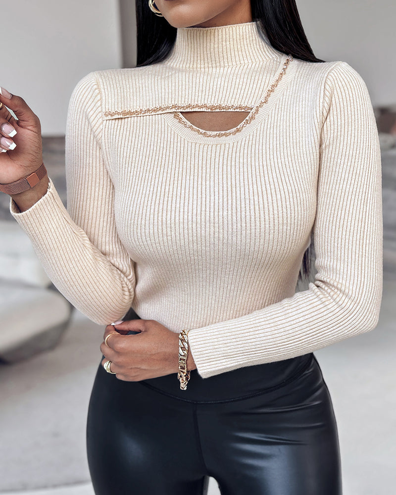 High Neck Long Sleeve Beaded Knit Sweater Hollow-out Fleece Lined Basic Layering Soft Versatile Thermal Top
