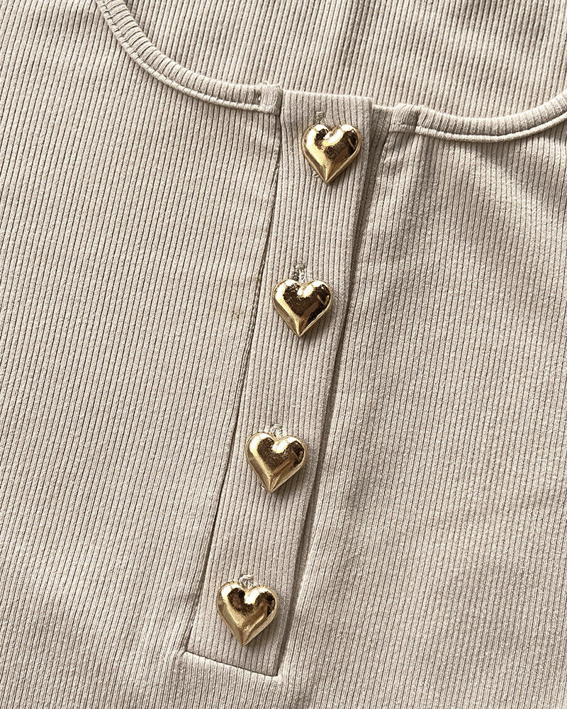 Square Neck Long Sleeve Half Heart Button Tee Slim Fit Ribbed Layering Top