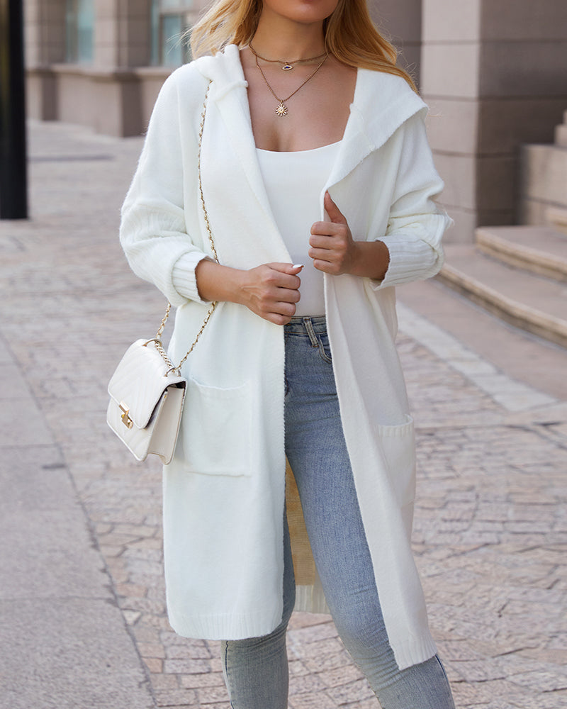 Letter Heart Pattern Long Cardigans Knitted Open Front Oversized Hooded Outerwear Sweater Coat