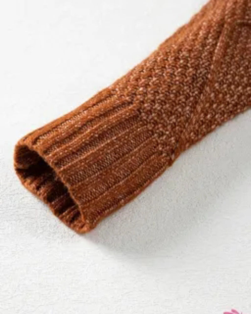 Round Neck Long Sleeve Drop Shoulder Pullover Sweater Casual Loose Fit Cable Knit Mid Length Sweater