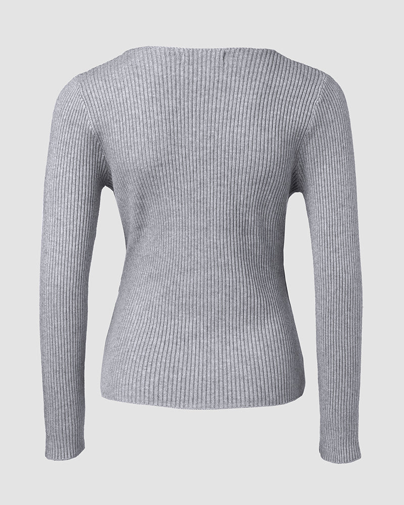 Overlap V-Neck Ruched Side Button Decor Knit Sweater Slim Fit Ribbed Pullover Top