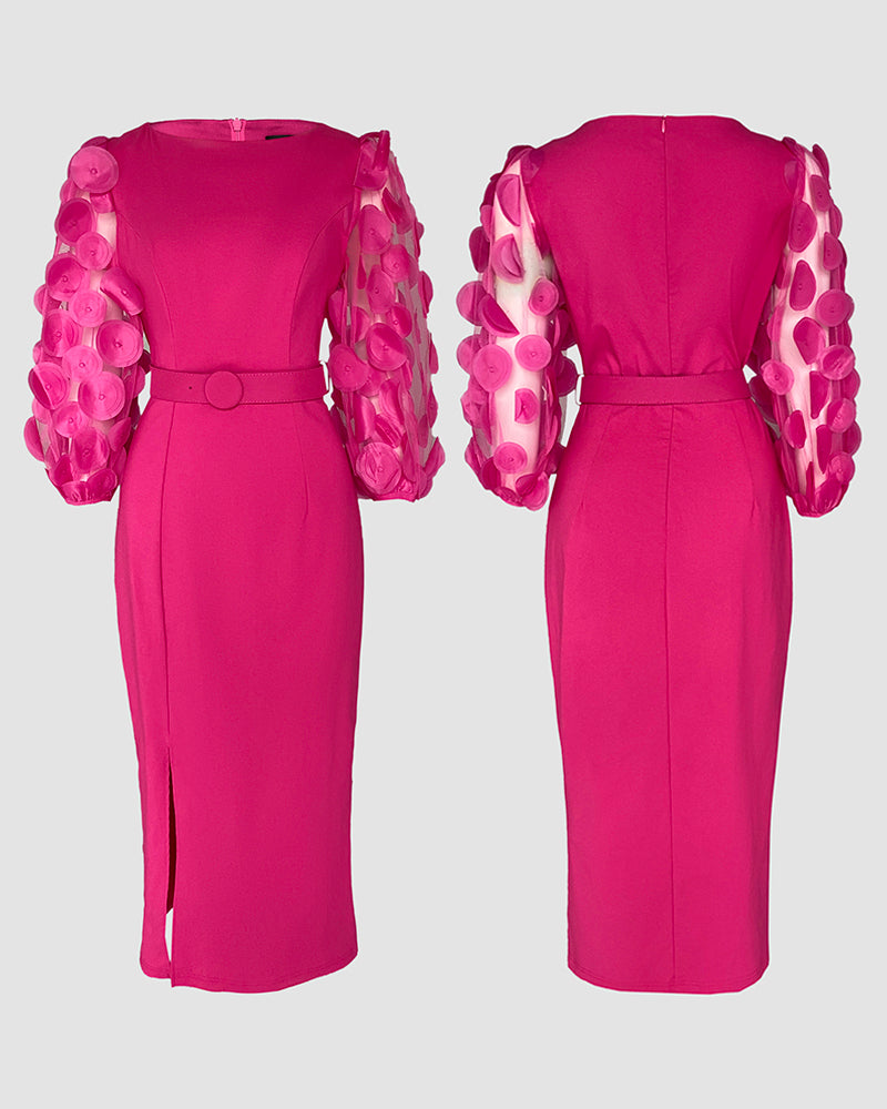 3D Polka Dot Appliques Mesh Lantern Sleeve Zipper Back Slit Work Dress Cinched Waist Slim Fit Mid Length Dress With Belt