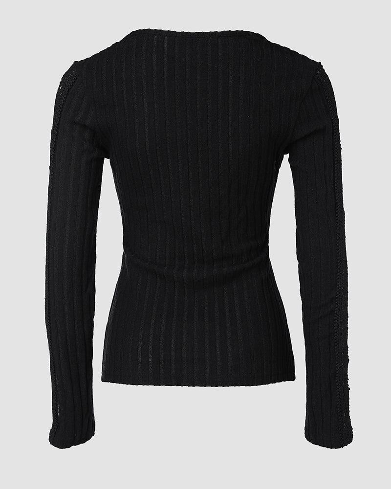 Overlap V-Neck Lace Trim Hollow-out Long Sleeve Tee Slim Fit Ribbed Layering Top