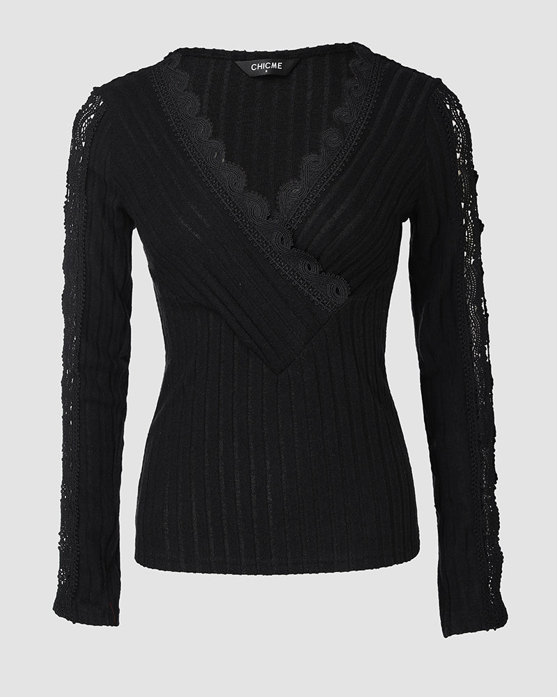Overlap V-Neck Lace Trim Hollow-out Long Sleeve Tee Slim Fit Ribbed Layering Top