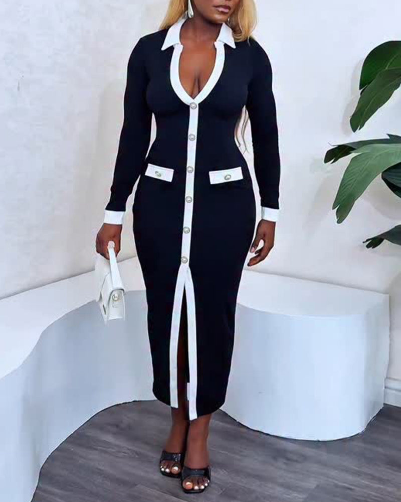 Pearls Button Decor Contrast Paneled Turn-down Collar Slit Front Dress Zipper Side Flap Detail Slim Fit Commuting Dress