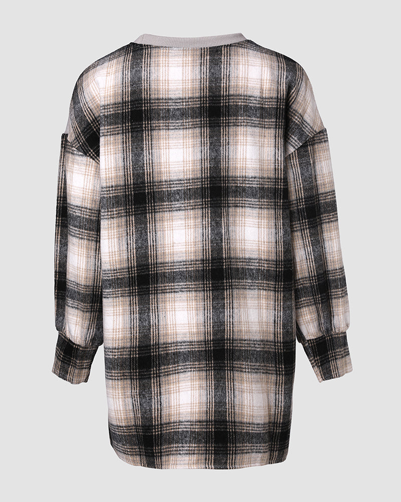 Plaid Print Spliced Long Sleeve Drop Shoulder Sweatshirt Casual Side Slit Top