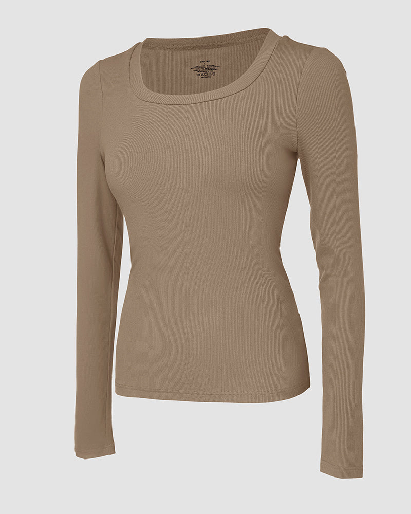 Chicme Built In Bra U Neck Long Sleeve Ribbed Top