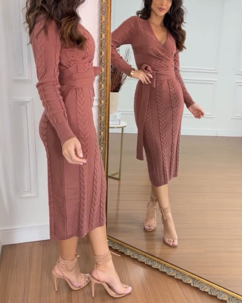 Cable Textured Overlap Deep V Neck Long Sleeve Mid Length Dress Tie Waist Slim Fit Knit Dress