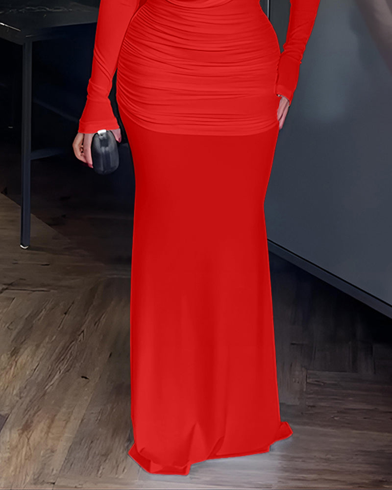 Cowl Neck Ruched Zipper Back Slim Fit Maxi Dress Casual Padded Shoulders Backless Evening Dress