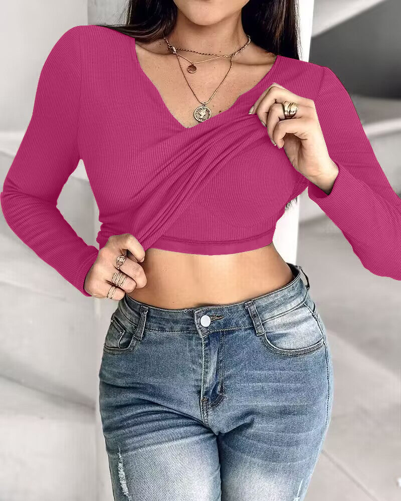Chicme Built In Bra Notch Neck Long Sleeve Shirts Rib Knit Ruched Waist Top
