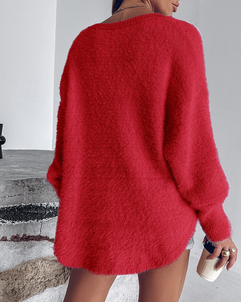 V Neck Long Sleeve Beaded Decor Oversized Sweater Fluffy Pullover Top