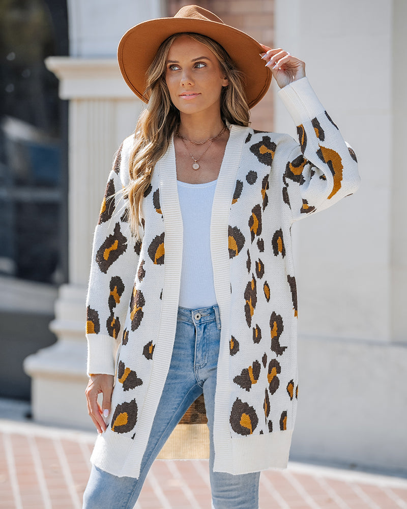 Leopard Pattern Longline Knit Cardigan Open Front Sweater