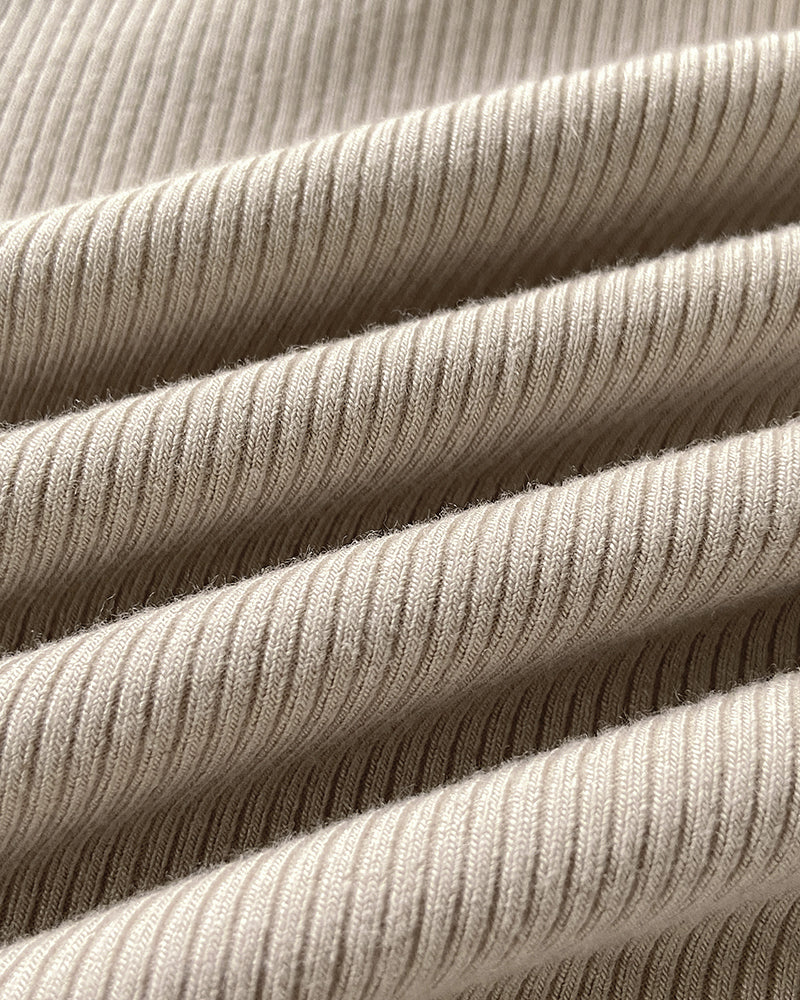 Square Neck Long Sleeve Half Heart Button Tee Slim Fit Ribbed Layering Top