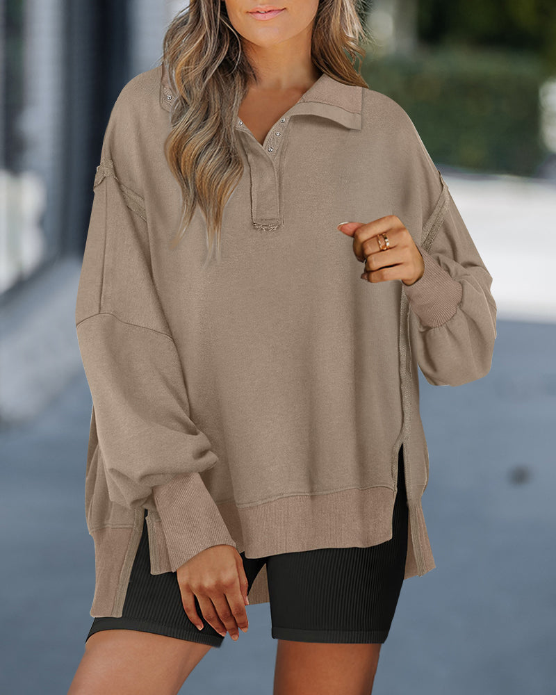 Polo Collar Long Sleeve Sweatshirt Loose Fit Side Slit Dip Hem Casual Top