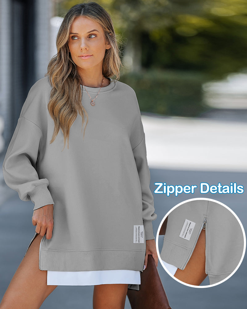 Letter Patch Detail Long Sleeve Drop Shoulder Pullover Sweatshirt Casual Zipper Side Slit Top