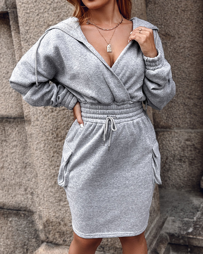 Overlap V Neck Drop Shoulder Cinched Waist Drawstring Hoodie Dress Casual Flap Cargo Pockets Design Drawstring Elastic Waist Midi Dress