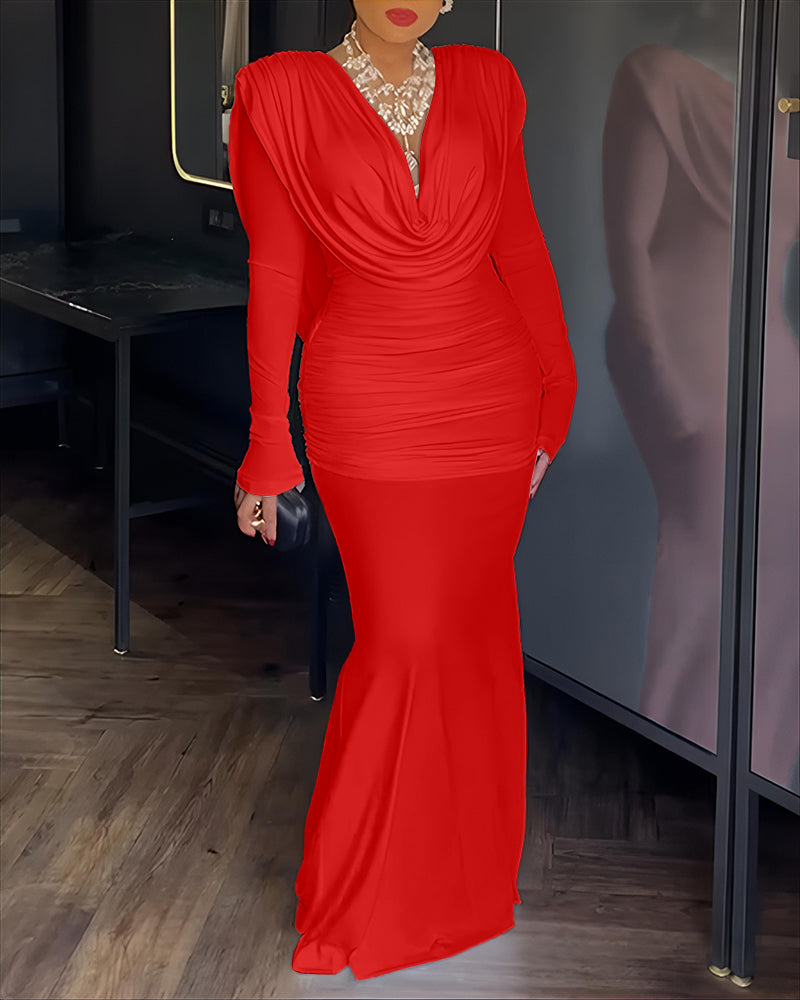 Cowl Neck Ruched Zipper Back Slim Fit Maxi Dress Casual Padded Shoulders Backless Evening Dress