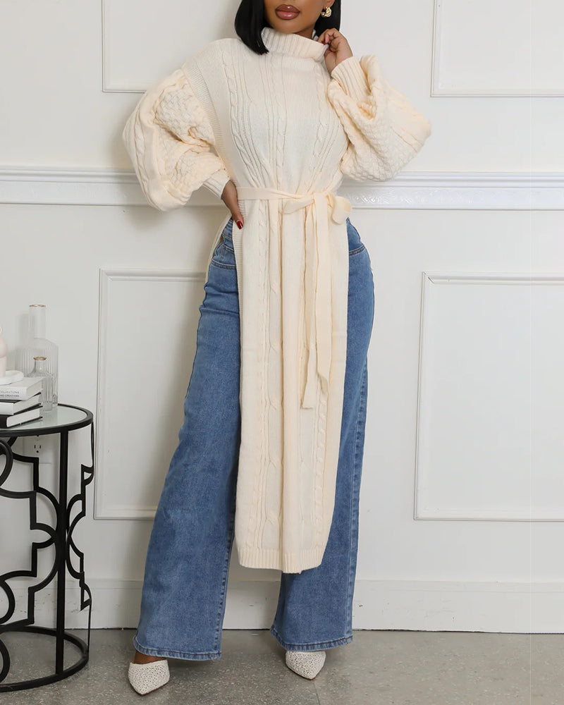 Cable Textured High Neck Lantern Sleeve Bow Tie Waist Sweater Casual High Slit Knit Longline Top