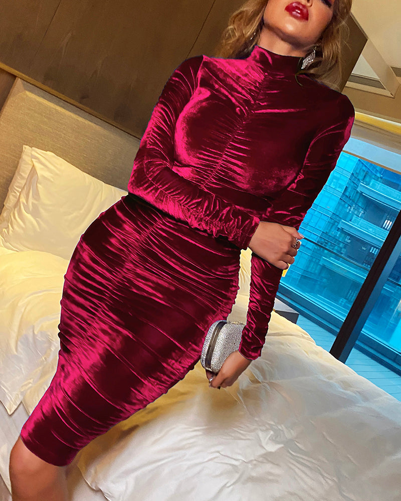 Velvet Mock Neck Ruched Bodycon Dress