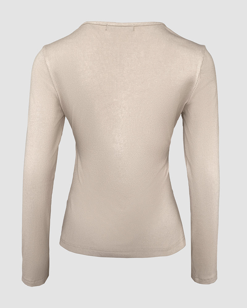 Square Neck Long Sleeve Half Heart Button Tee Slim Fit Ribbed Layering Top