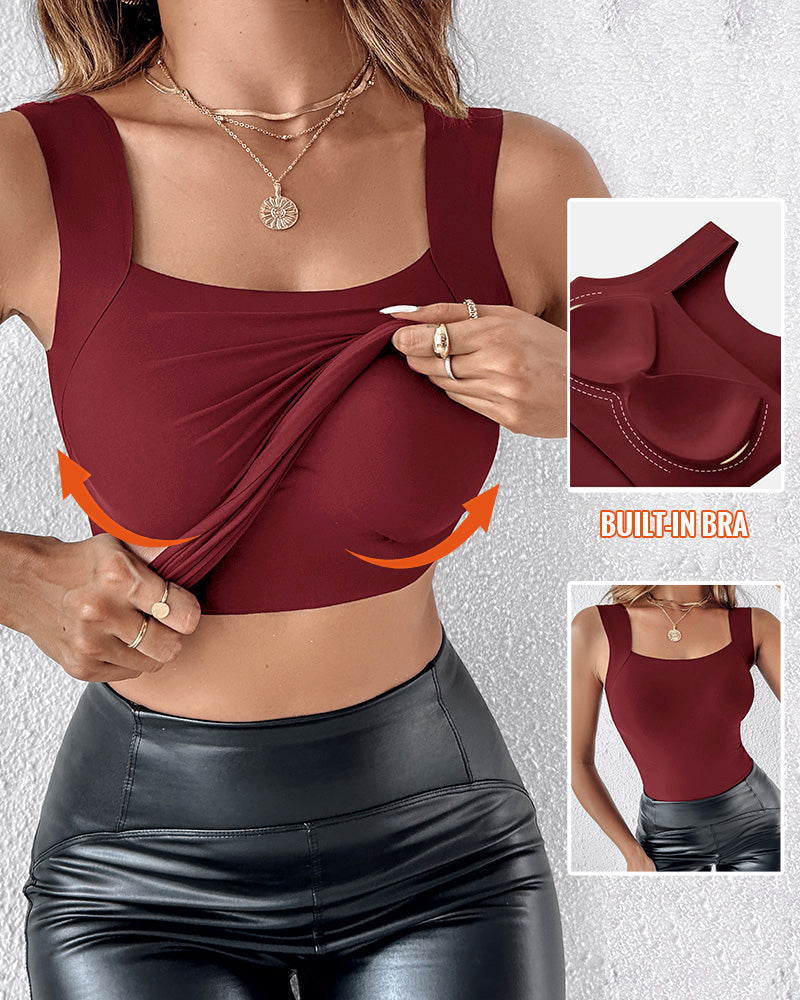 U-Neck Sleeveless Tank Seamless Skinny Layering Top with Built-In Bra