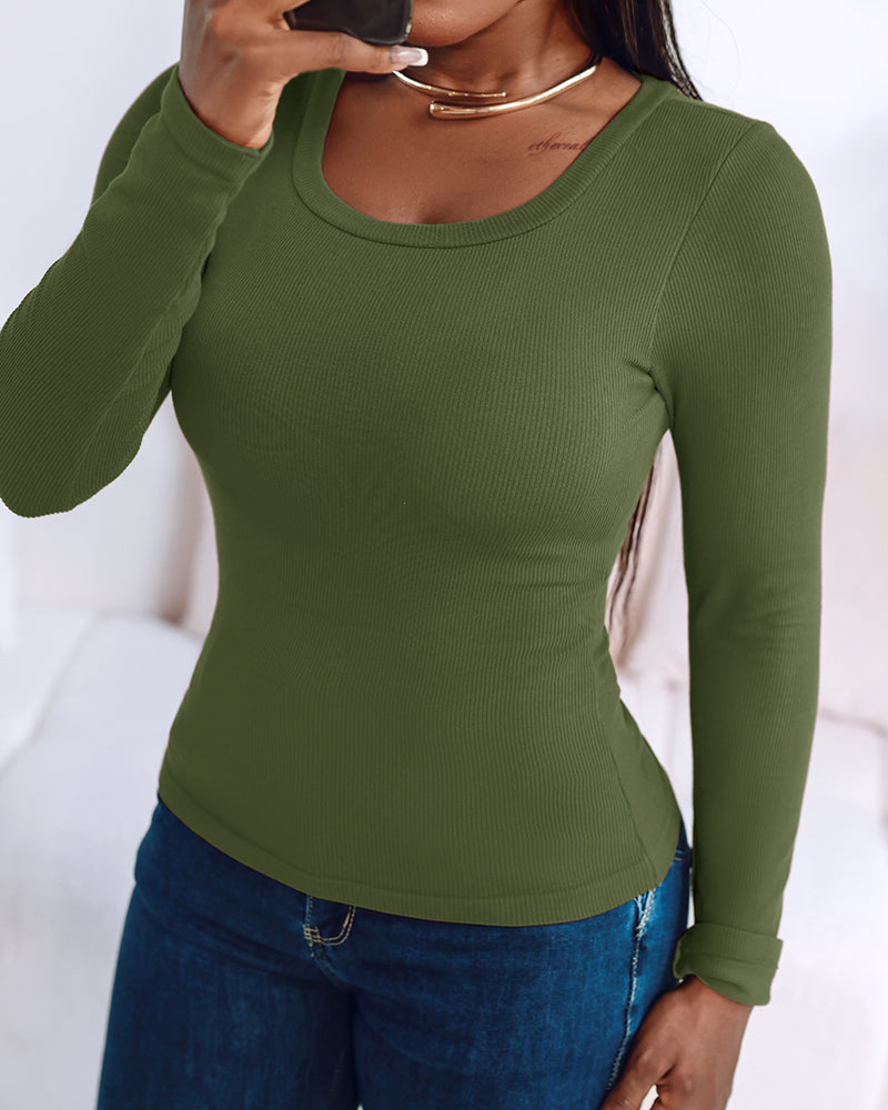 Built In Bra U Neck Tee High Stretchy Knit T-Shirt Long Sleeve Top