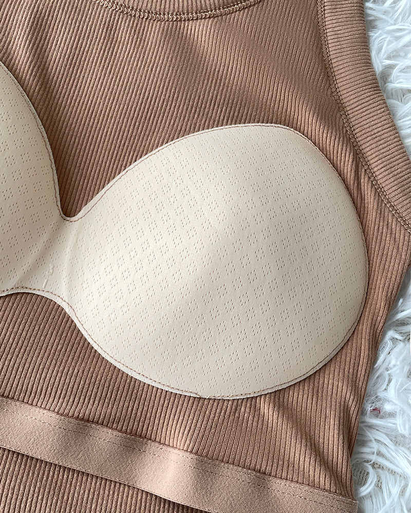 Chicme Built In Bra 2 Piece Athletic Tank Tops For Women Ribbed Tank Top