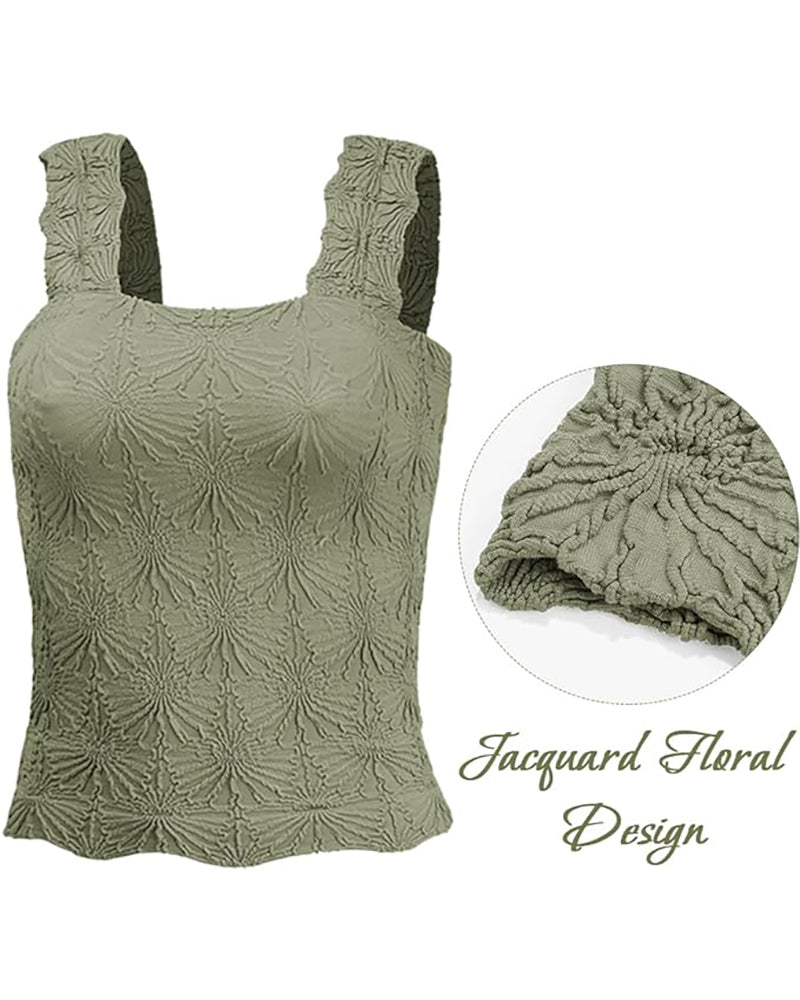 Floral Jacquard Square Neck Thick Strap Crop Tank Casual Sleeveless Top