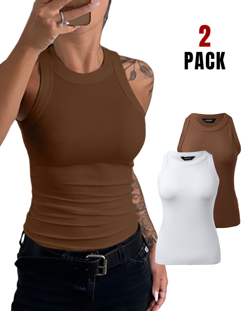 2-Pack Round Neck Thick Strap Racerback Ribbed Tank Slim Fit Tops without Bra Pads