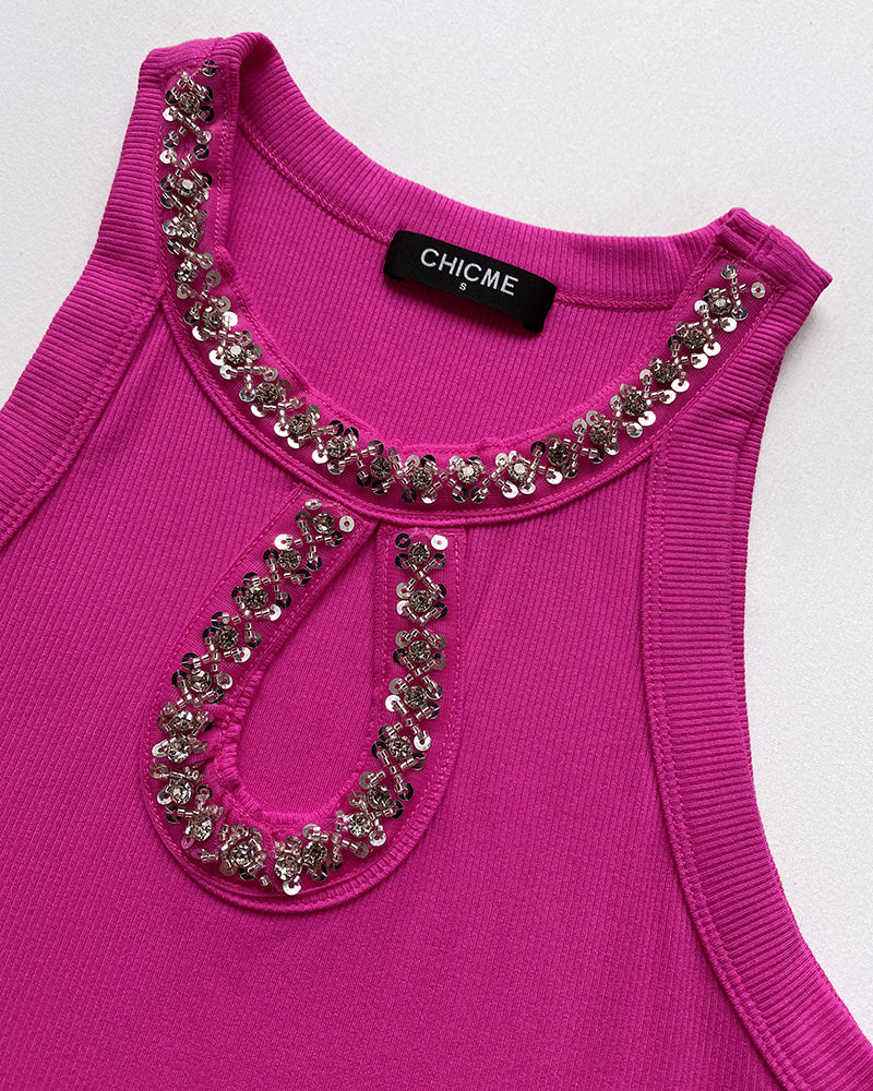 Rhinestone Contrast Sequin Keyhole Neck Sleeveless Slim Fit Elasticity Ribbed Top Elegant Tank