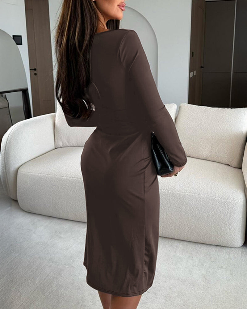 Long Sleeve Ruched Waist Metal Button Decor Bodycon Dress Casual Slit Slim Fit Midi Dress