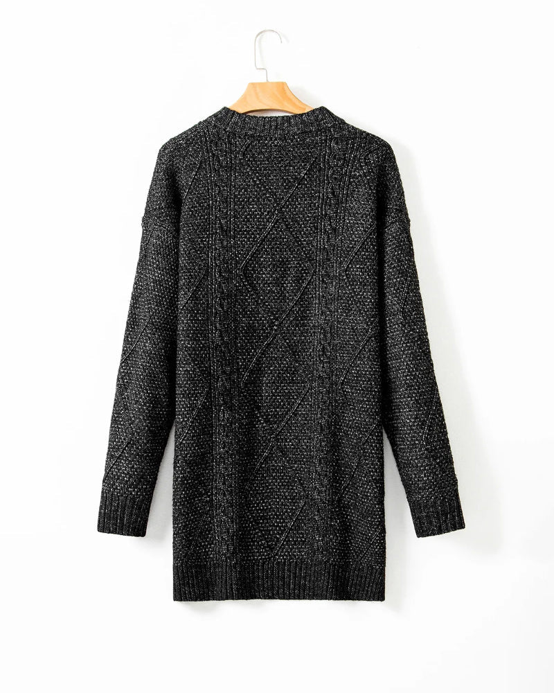 Round Neck Long Sleeve Drop Shoulder Pullover Sweater Casual Loose Fit Cable Knit Mid Length Sweater