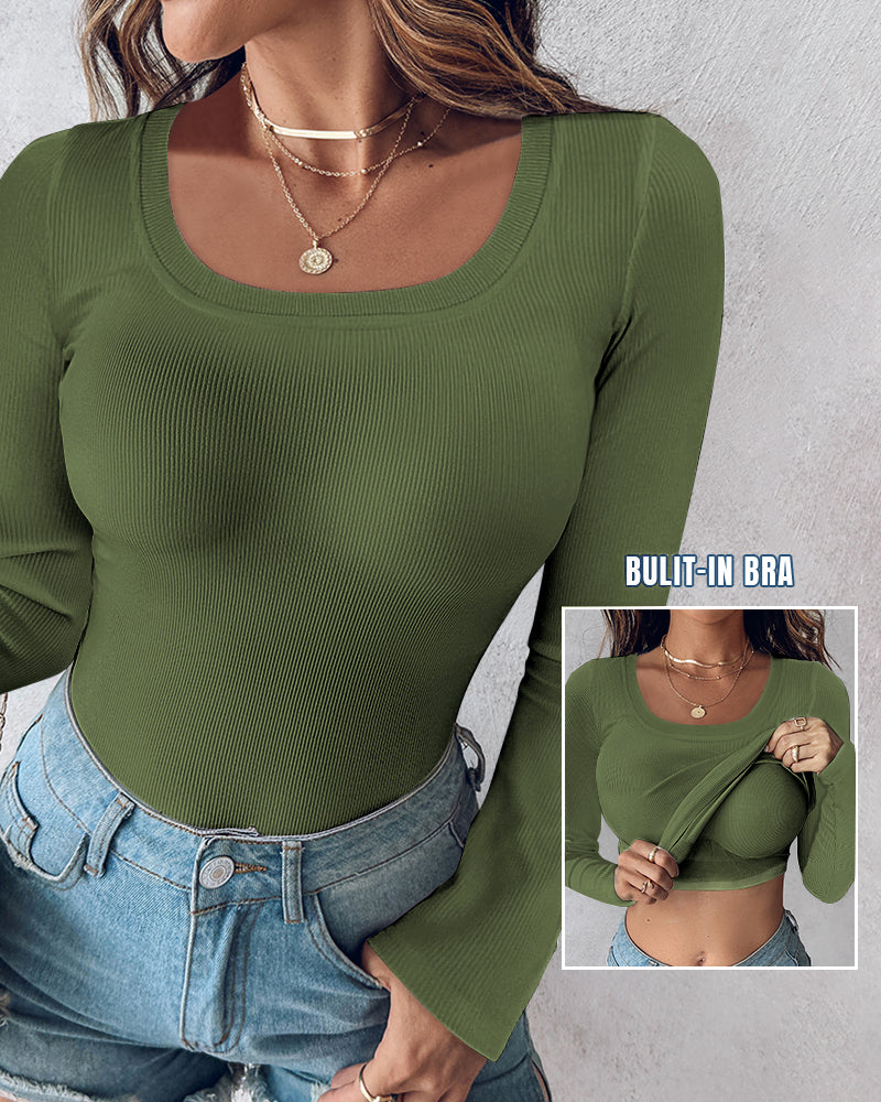 Chicme Built In Bra U Neck Long Sleeve Ribbed Top