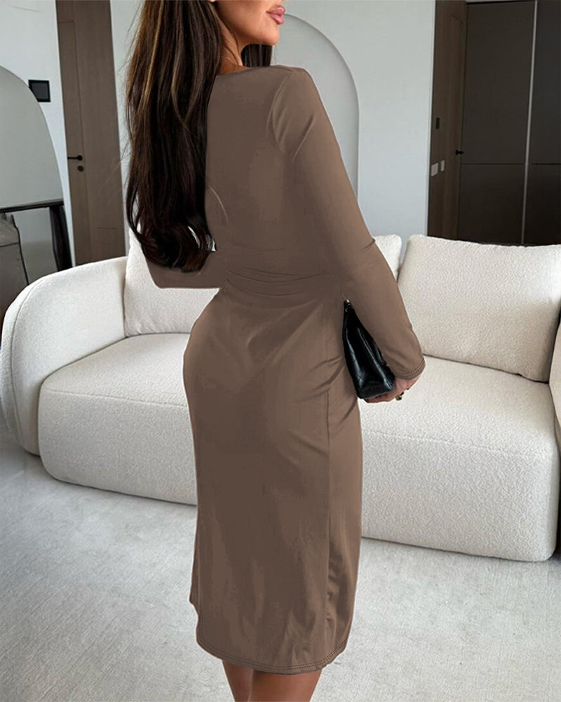Long Sleeve Ruched Waist Metal Button Decor Bodycon Dress Casual Slit Slim Fit Midi Dress