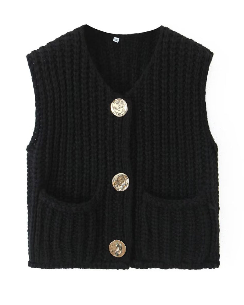 V-Neck Sleeveless Button Front Knit Vest Casual Loose Fit Sweater Top with Pockets
