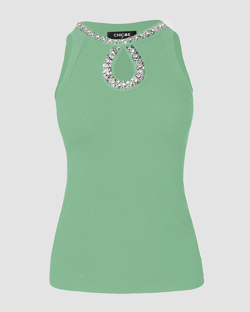 Rhinestone Contrast Sequin Keyhole Neck Sleeveless Slim Fit Elasticity Ribbed Top Elegant Tank