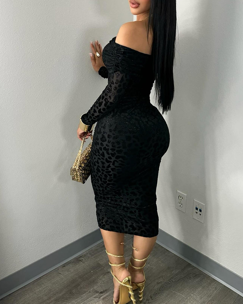 Leopard Print Off the Shoulder Long Sleeve Bodycon Dress Casual Slim Fit Flocking Party Midi Dress