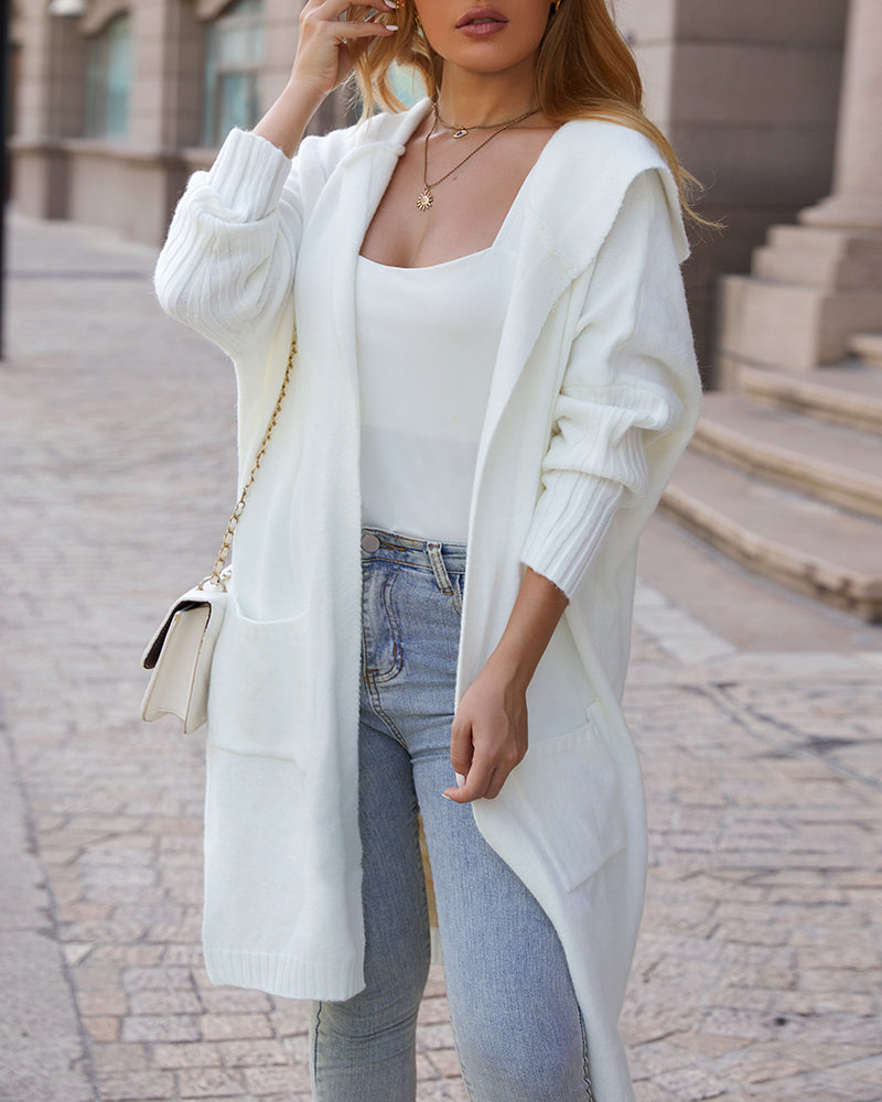 Letter Heart Pattern Long Cardigans Knitted Open Front Oversized Hooded Outerwear Sweater Coat