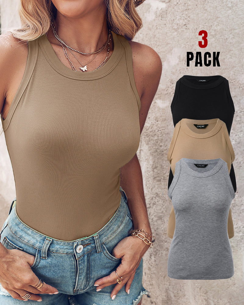 3 Pack Knit Round Neck Thick Strap Racerback Tank Tops(Without Pads)