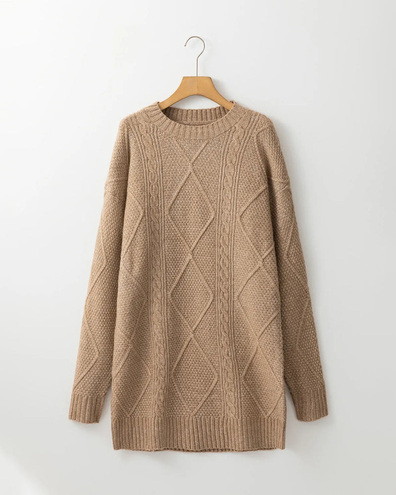 Round Neck Long Sleeve Drop Shoulder Pullover Sweater Casual Loose Fit Cable Knit Mid Length Sweater
