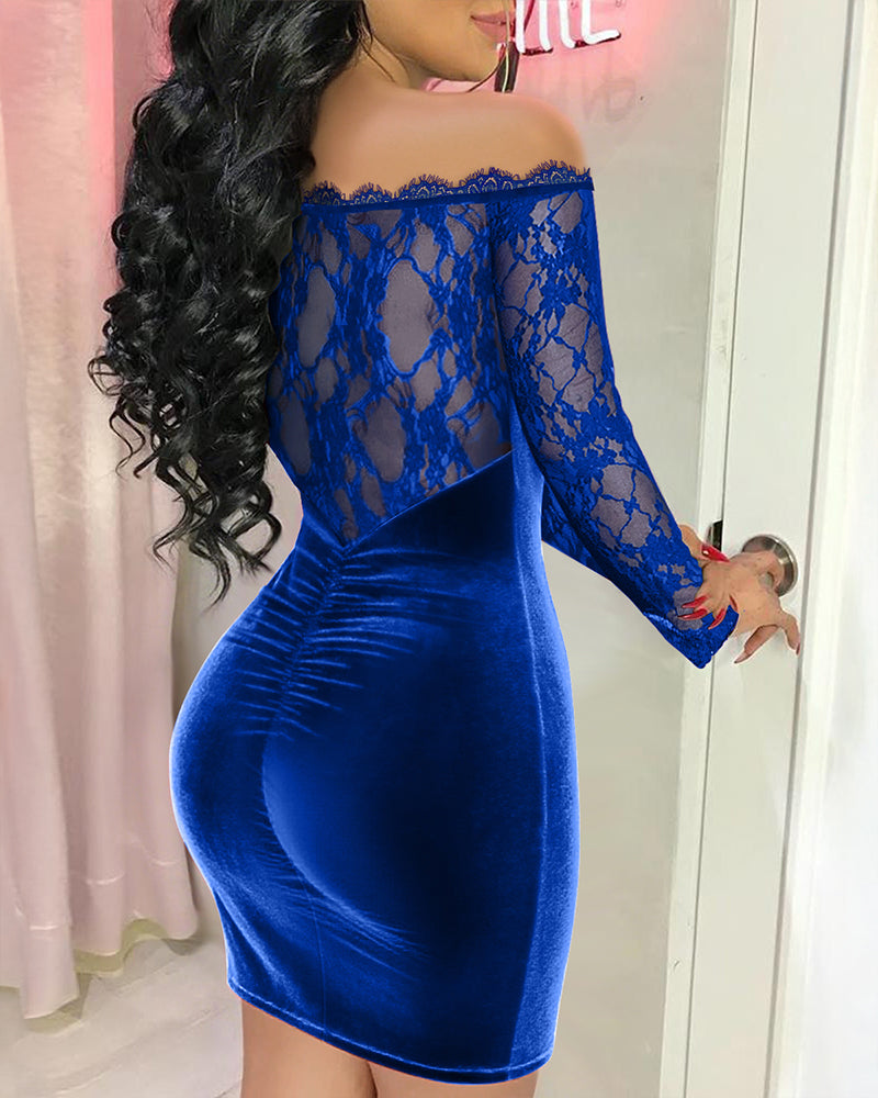 Off Shoulder Long Sleeve Lace Spliced Ruched Evening Dress Velvet Mini Party Dress