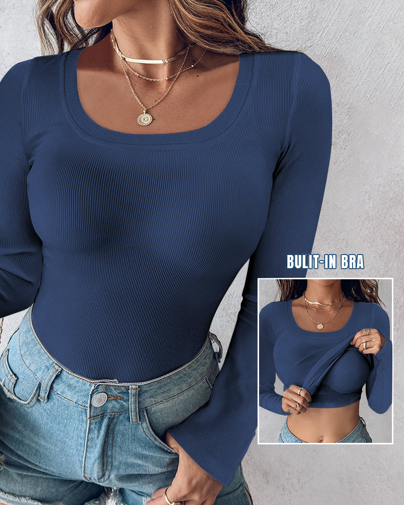 Chicme Built In Bra U Neck Long Sleeve Ribbed Top