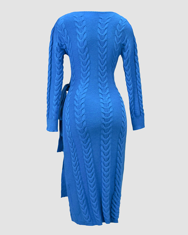 Cable Textured Overlap Deep V Neck Long Sleeve Mid Length Dress Tie Waist Slim Fit Knit Dress