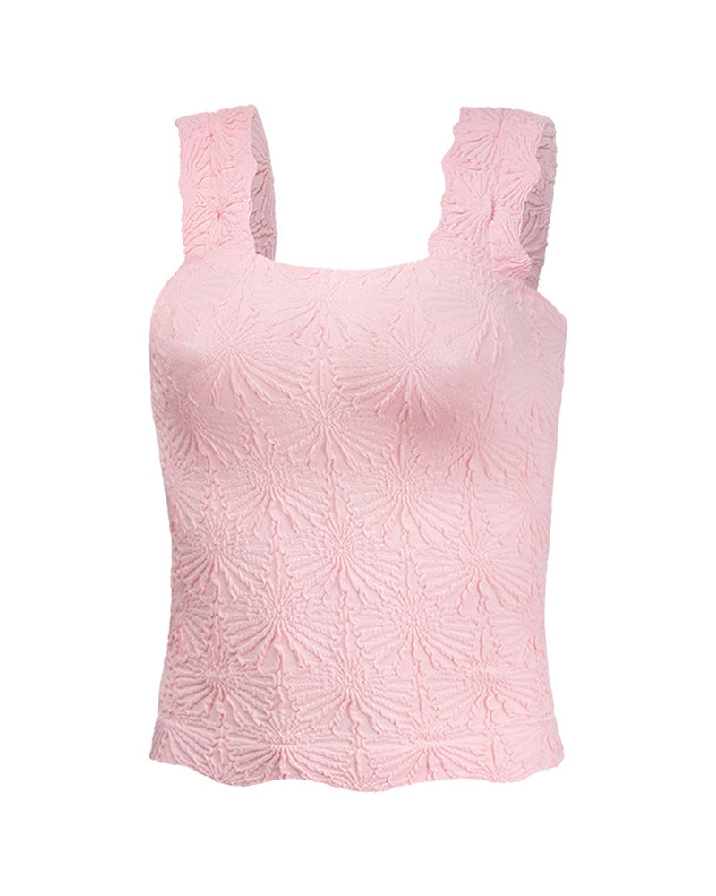 Floral Jacquard Square Neck Thick Strap Crop Tank Casual Sleeveless Top